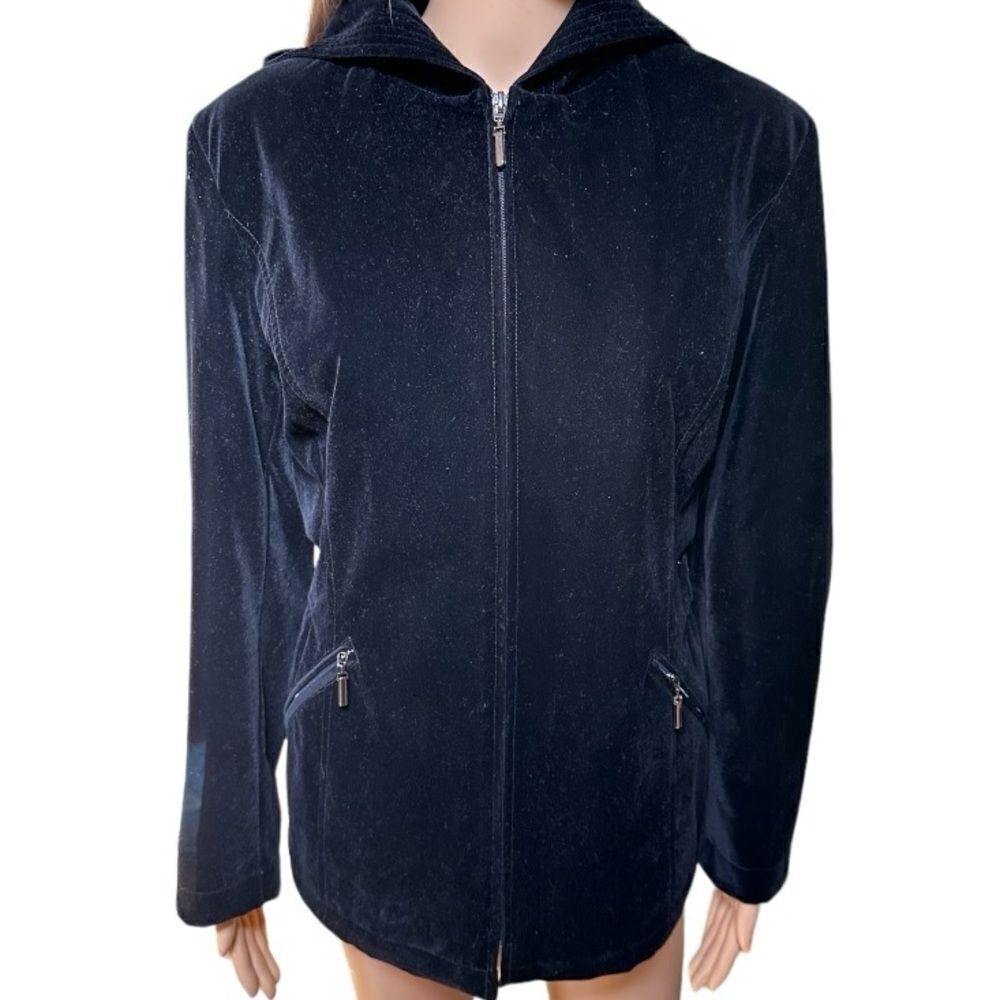 Gallery black velour hooded coat EUC SZ PM
